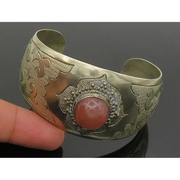 925 Silver Vintage Carnelian Beaded Swirl Wide Cuff Bracelet BT9347